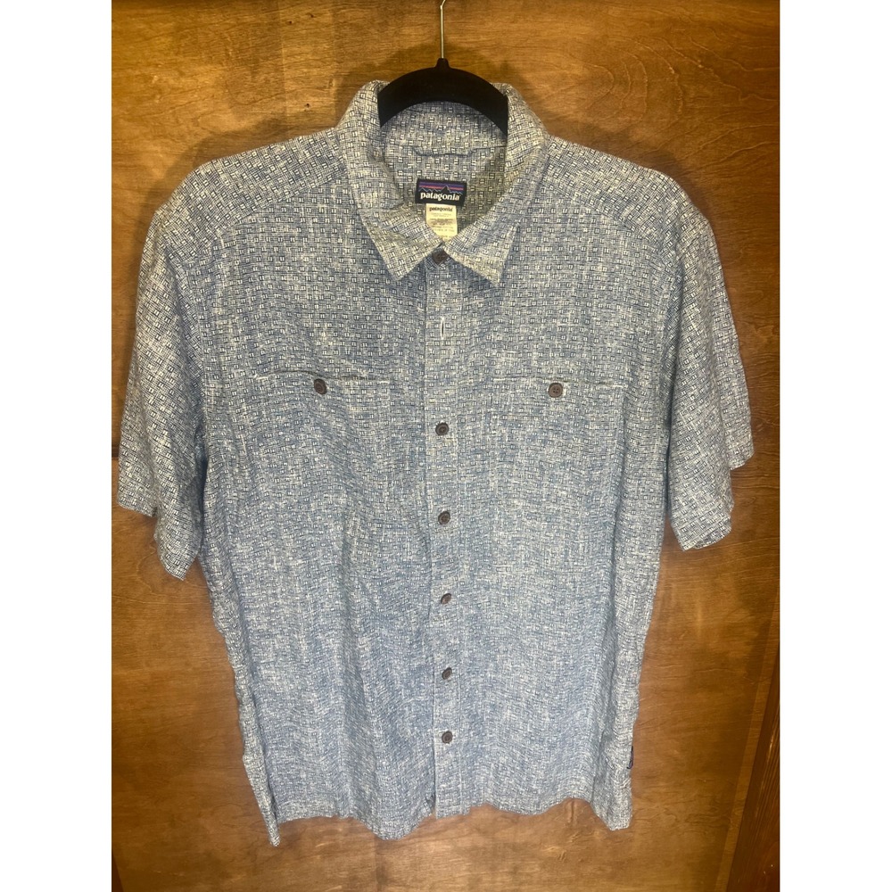 Patagonia Mens Puckerware Hemp Organic Cotton Short Sleeve Shirt Blue White M